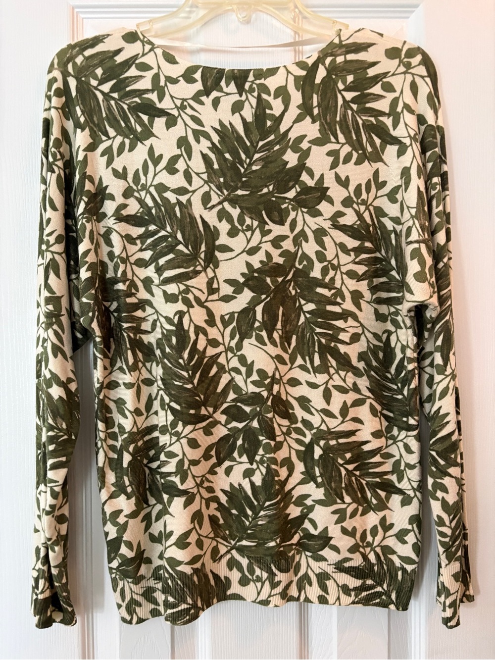 Investments Olive Green Leaf Print Crew Neck Top